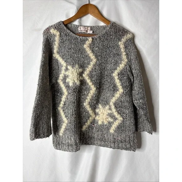 Vtg Lauren Hansen‎ Women L Chunky Hand Knit Wool Sweater Gray 3/4 Sleeve - Picture 5 of 9